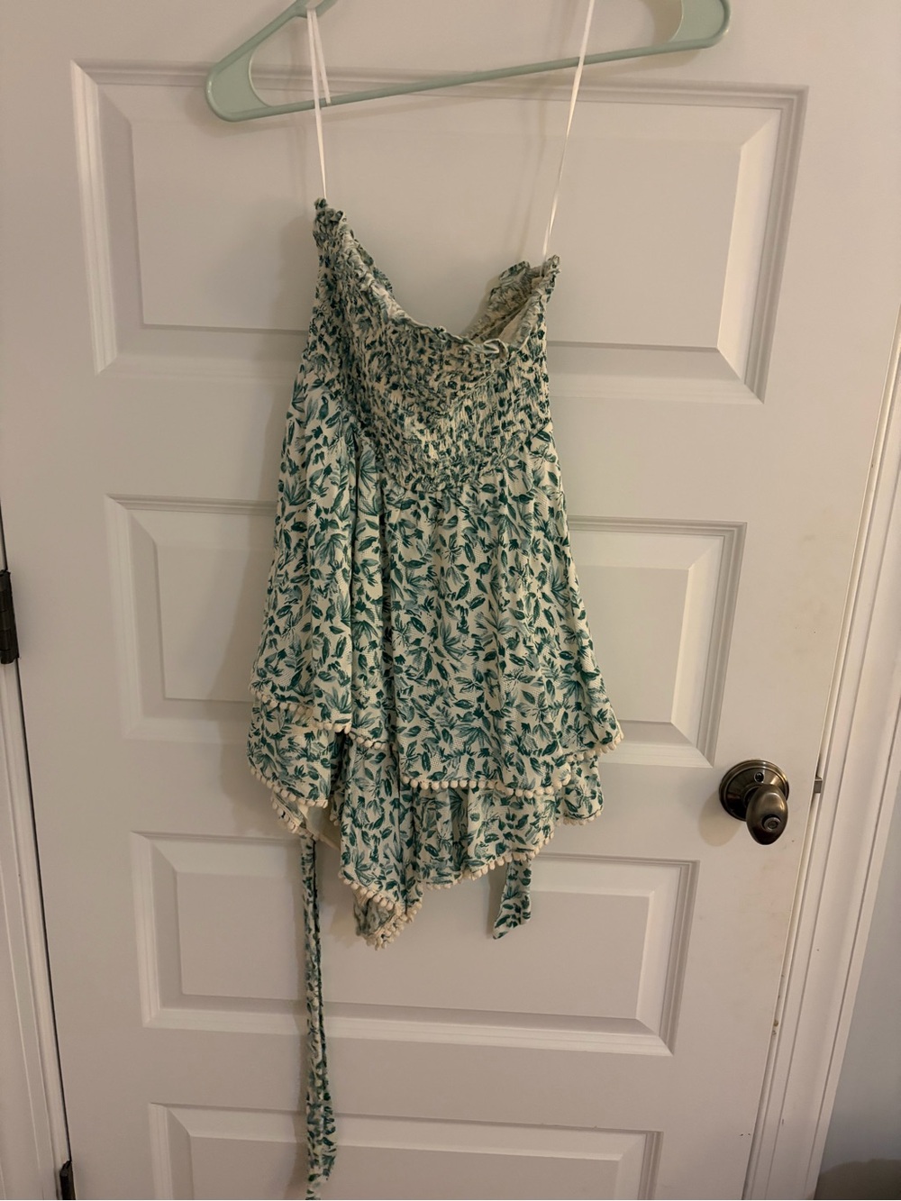 The Impeccable Pig White and Green Leaf Print Smocked Tank